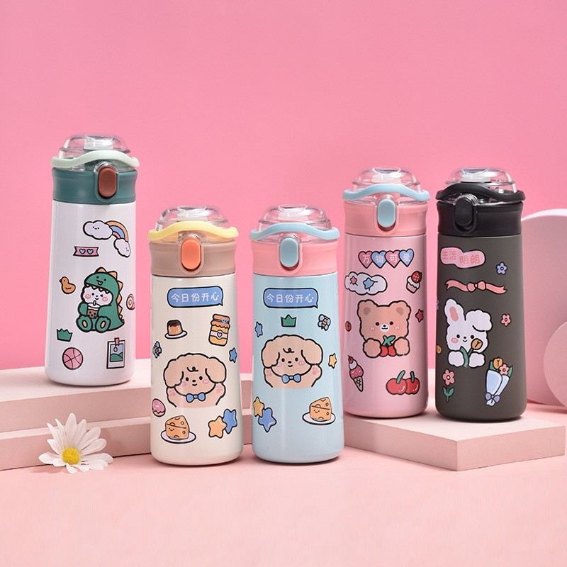 500ml Cartoon insulated cup with lifting ring, straw bouncing cup, double-layer insulated cup thermos