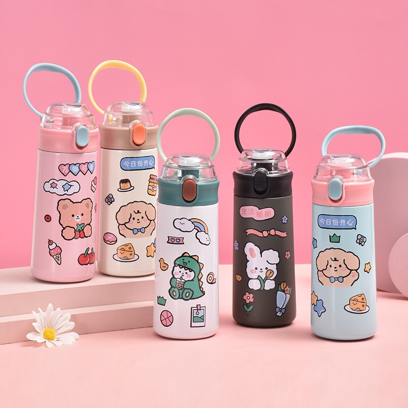 500ml Cartoon insulated cup with lifting ring, straw bouncing cup, double-layer insulated cup thermos