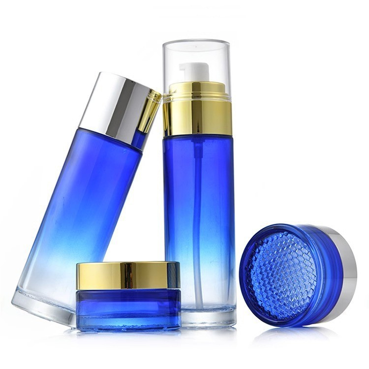 Makeup Set Gradient Blue Glass Empty Bottle