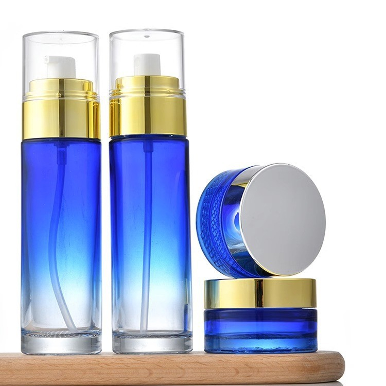 Makeup Set Gradient Blue Glass Empty Bottle