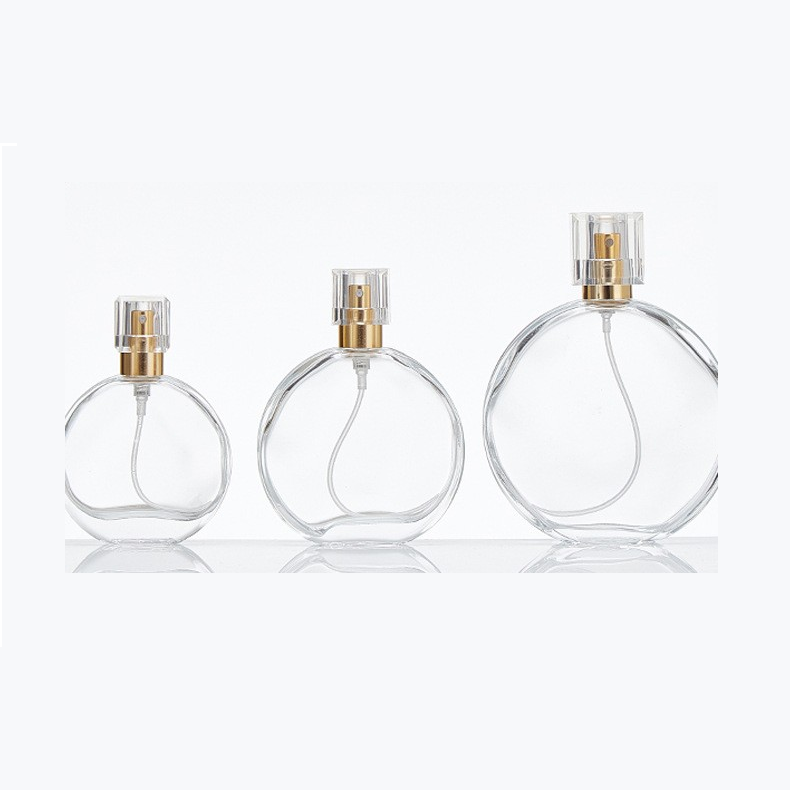 Flat round spray glass perfume bottle