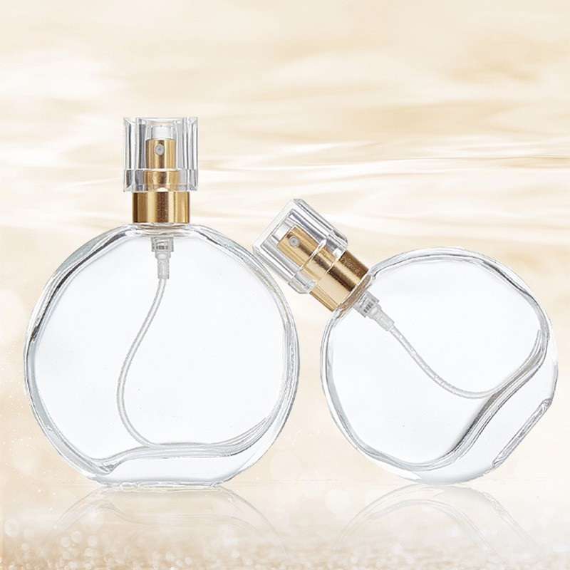 Flat round spray glass perfume bottle