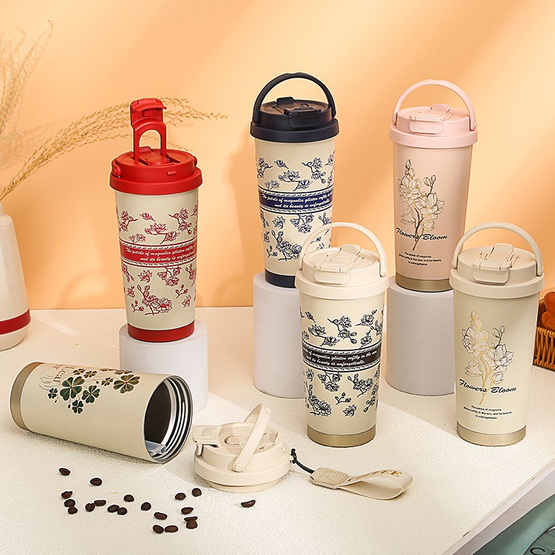 500ml lily of the valley insulated cup for girls with high appearance, 316 stainless steel coffee cup, portable drawstring straw, dual drinking cup can be customized