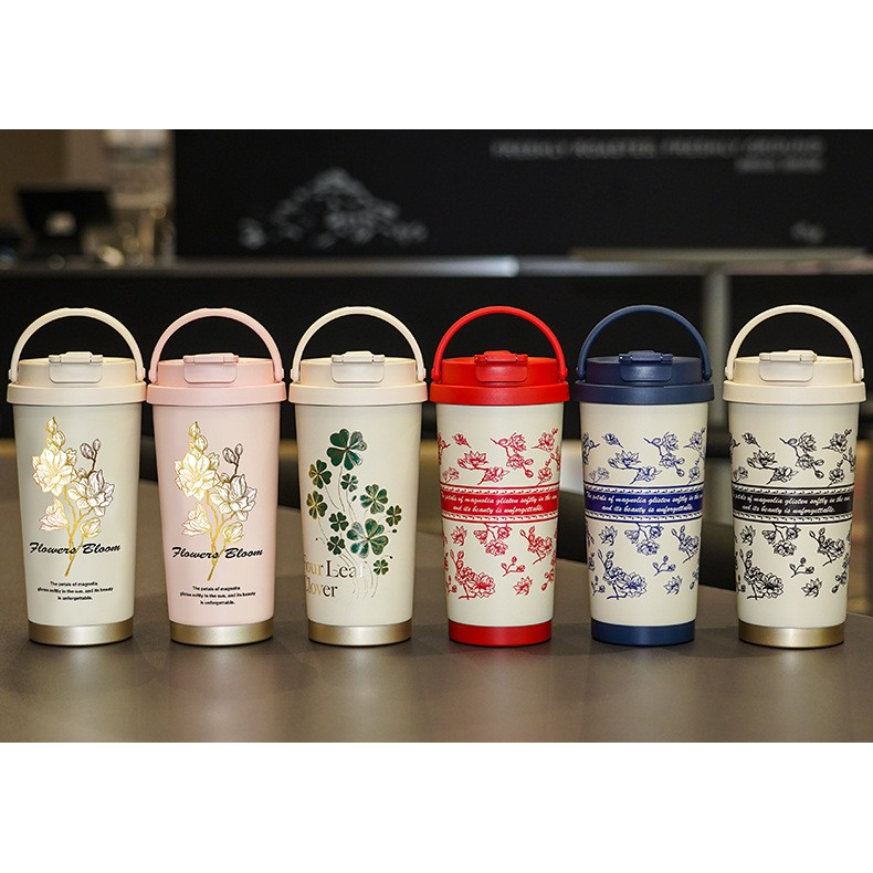 500ml Thermos custom lily of the valley insulated cup for girls with high appearance, 316 stainless steel coffee cup, portable drawstring straw, dual drinking cup can be customized