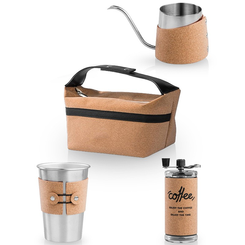 Outdoor Camping Layer Mug Insulated Cork Sleeve Coffee Mug Stainless Steel Hand Brewed Mocha Coffee Pot Gift Set