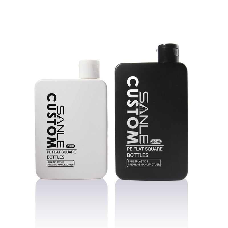 200ml customized plastic bottle with side opening square flat bottle, sunscreen body oil bottle, shampoo bottle
