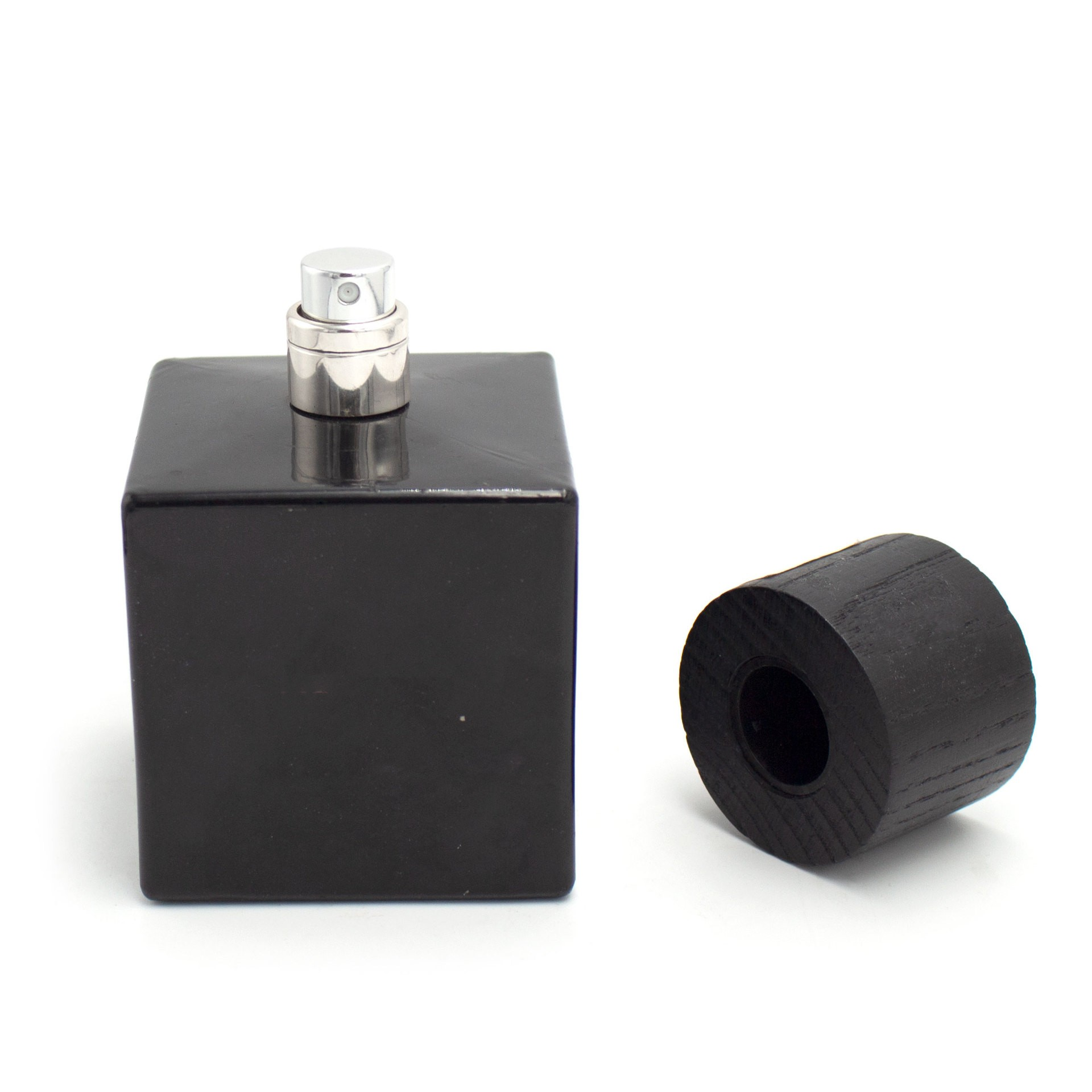 100ml square color spray processing customized black transparent high-grade glass perfume bottle round wood cap