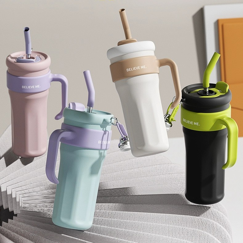 1250ml 1.25L Large capacity giant insulated cup for girls with high appearance, straw cup with stainless steel handle, water cup with cold insulation and insulated cup