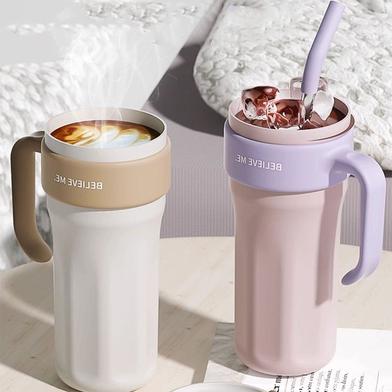 1250ml 1.25L Thermos Large capacity giant insulated cup for girls with high appearance, straw cup with stainless steel handle, water cup with cold insulation and insulated cup