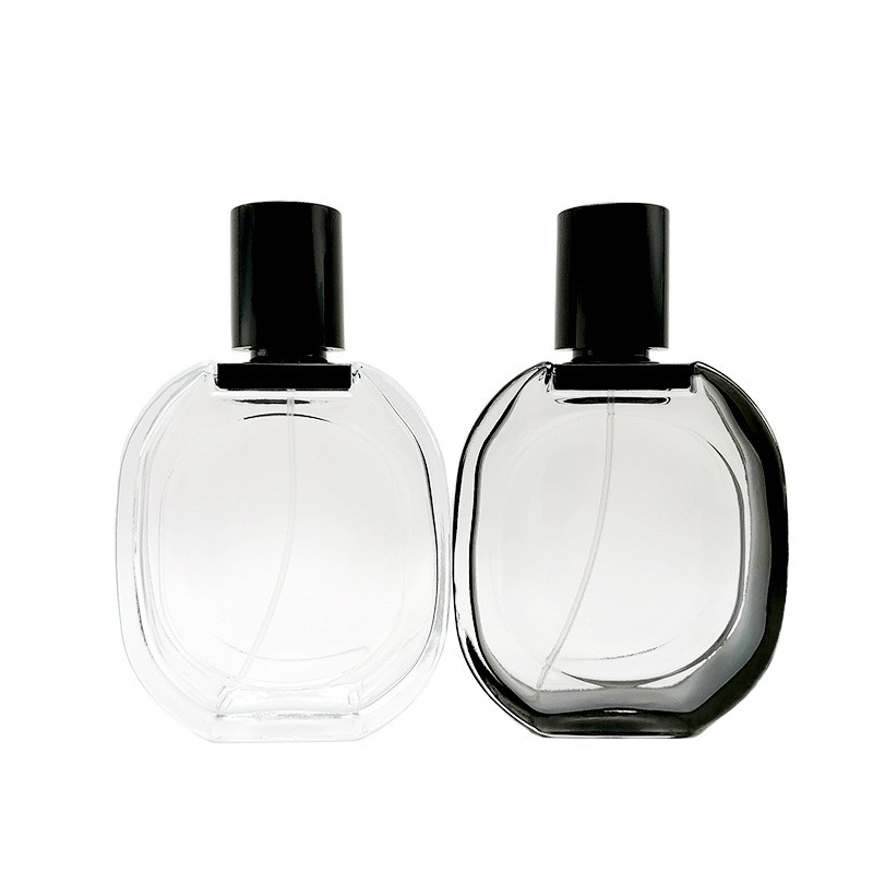 100ml High end luxury color spray perfume glass bottle Fashion transparent bayonet press spray bottle Flat round packaging bottle