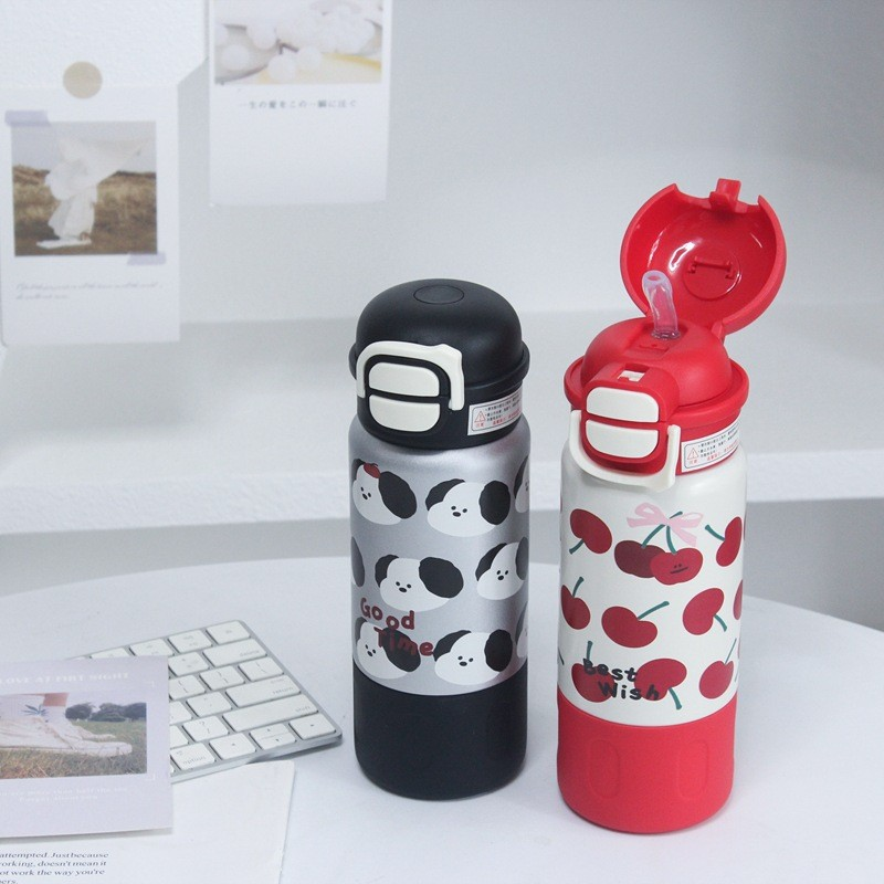 500ml Thermos High appearance and fresh double drinking straw thermos cup, cute for boys and girls, school children, student water cup, sports portable cup
