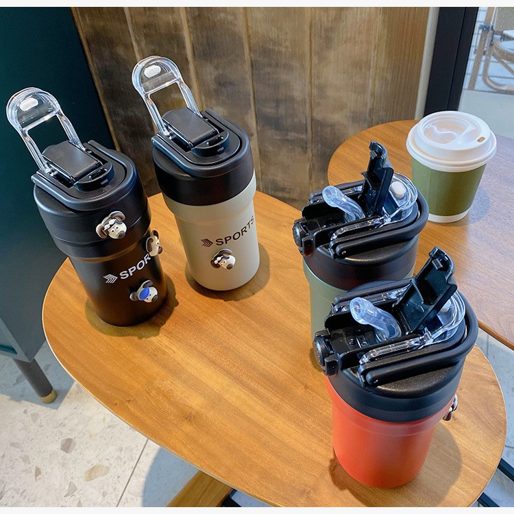 500ml Thermos High looks girls' insulated cup, men's car straw cup, portable dual drinking cup, coffee accompanying cup