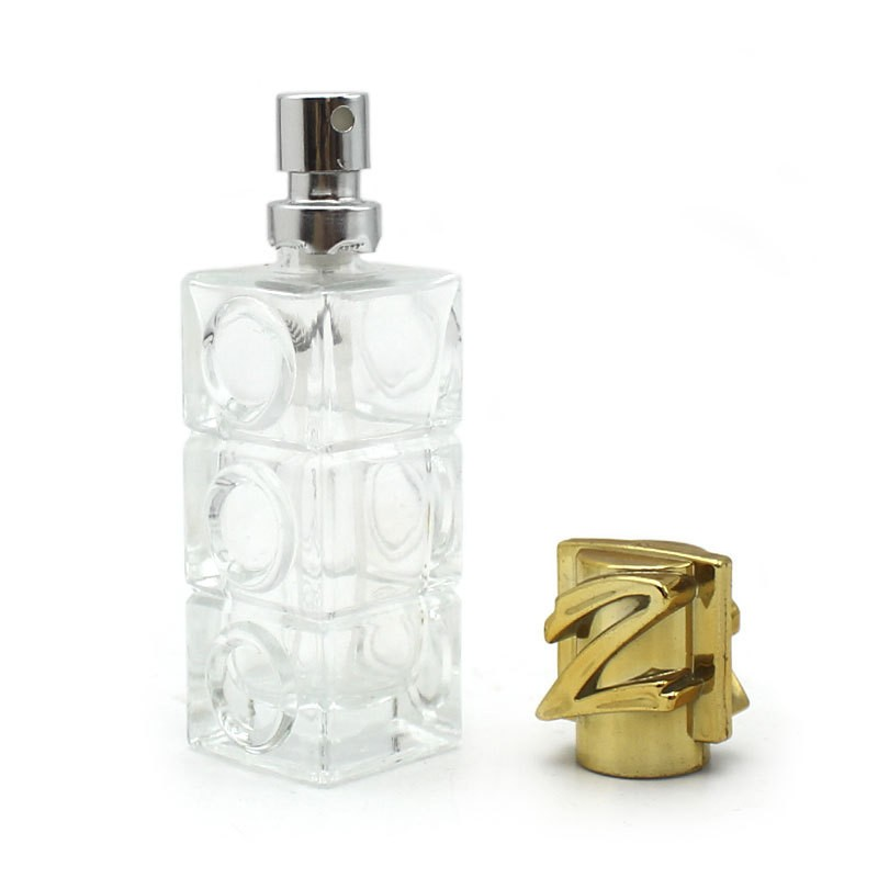 30ml customized  small sample bottle small capacity transparent square portable perfume bottle empty bottle relief glass fragrance spray bottle