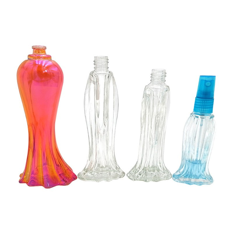 100ml customized Transparent fishtail shaped perfume spray glass subpackage magic color electroplating profiled spray processing bottle