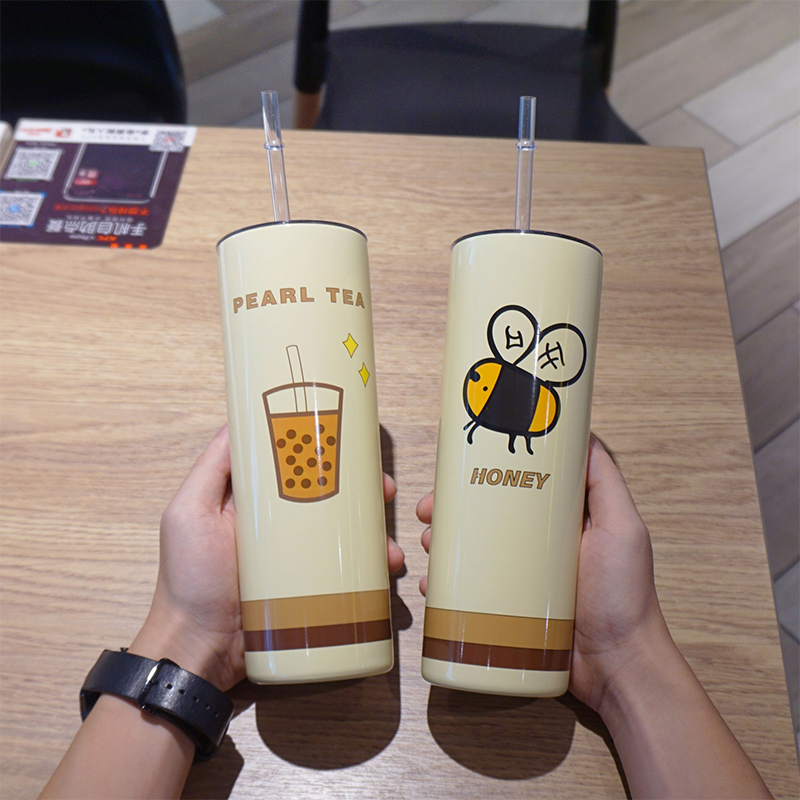 500ml Creative cute cartoon 304 stainless steel brown coffee cup with built-in straw anti choking straight body office insulated cup