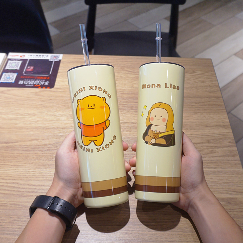 500ml Thermos Creative cute cartoon 304 stainless steel brown coffee cup with built-in straw anti choking straight body office insulated cup