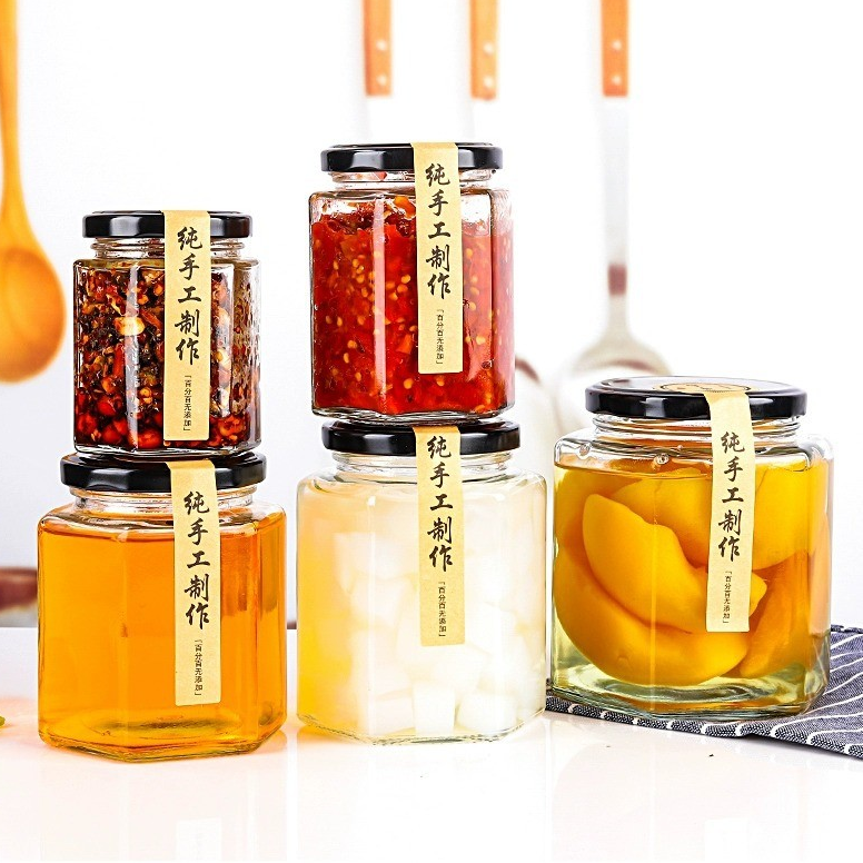 85ml 280ml 730ml hexagonal glass jar sealed food grade with lid empty bottle honey lemon paste chili jam special bottle jam jar