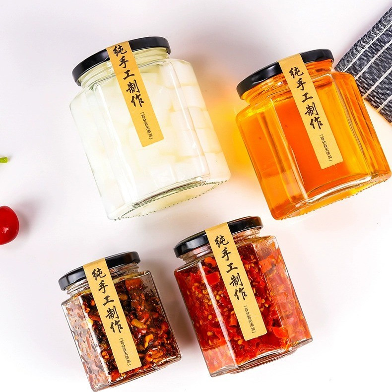 180ml hexagonal glass jar sealed food grade with lid empty bottle honey lemon paste chili jam special bottle jam jar