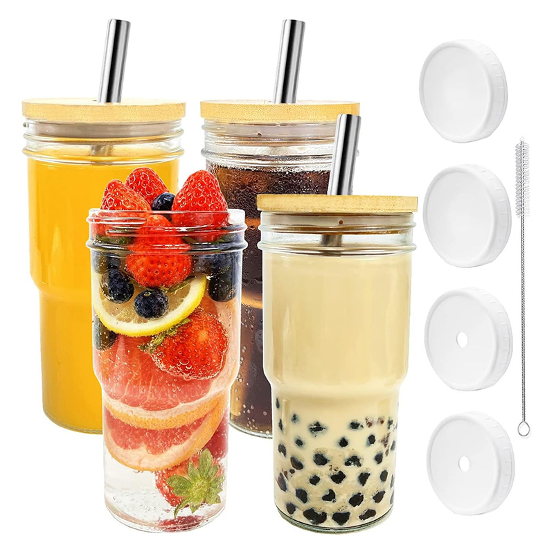 22oz bamboo glass cup straw bamboo lid cold drink cup beer cup beverage cup juice cup